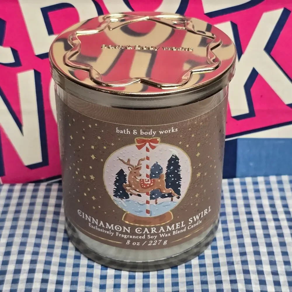 BBW Cinnamon Caramel Swirl Single Wick 8 oz. Exclusive Fragranced Soy Wax Candle